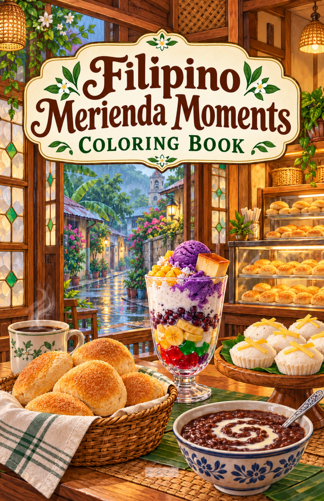Filipino Merienda Moments printable coloring book featuring halo-halo, pandesal, Filipino sweets, and cozy panaderia scenes with colorable outline titles.