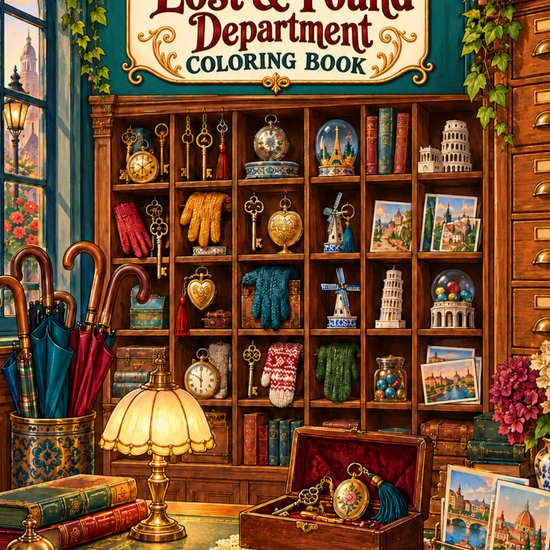 The Lost & Found Department printable coloring book featuring antique keys, curious lockets, mismatched gloves, vintage suitcases, and charming collections of forgotten treasures.