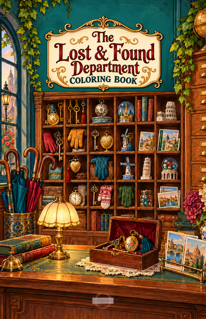 The Lost & Found Department printable coloring book featuring antique keys, curious lockets, mismatched gloves, vintage suitcases, and charming collections of forgotten treasures.