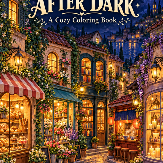 Tiny Shops After Dark printable coloring book featuring detailed miniature storefronts, moonlit shop scenes, and colorful illustrated covers.