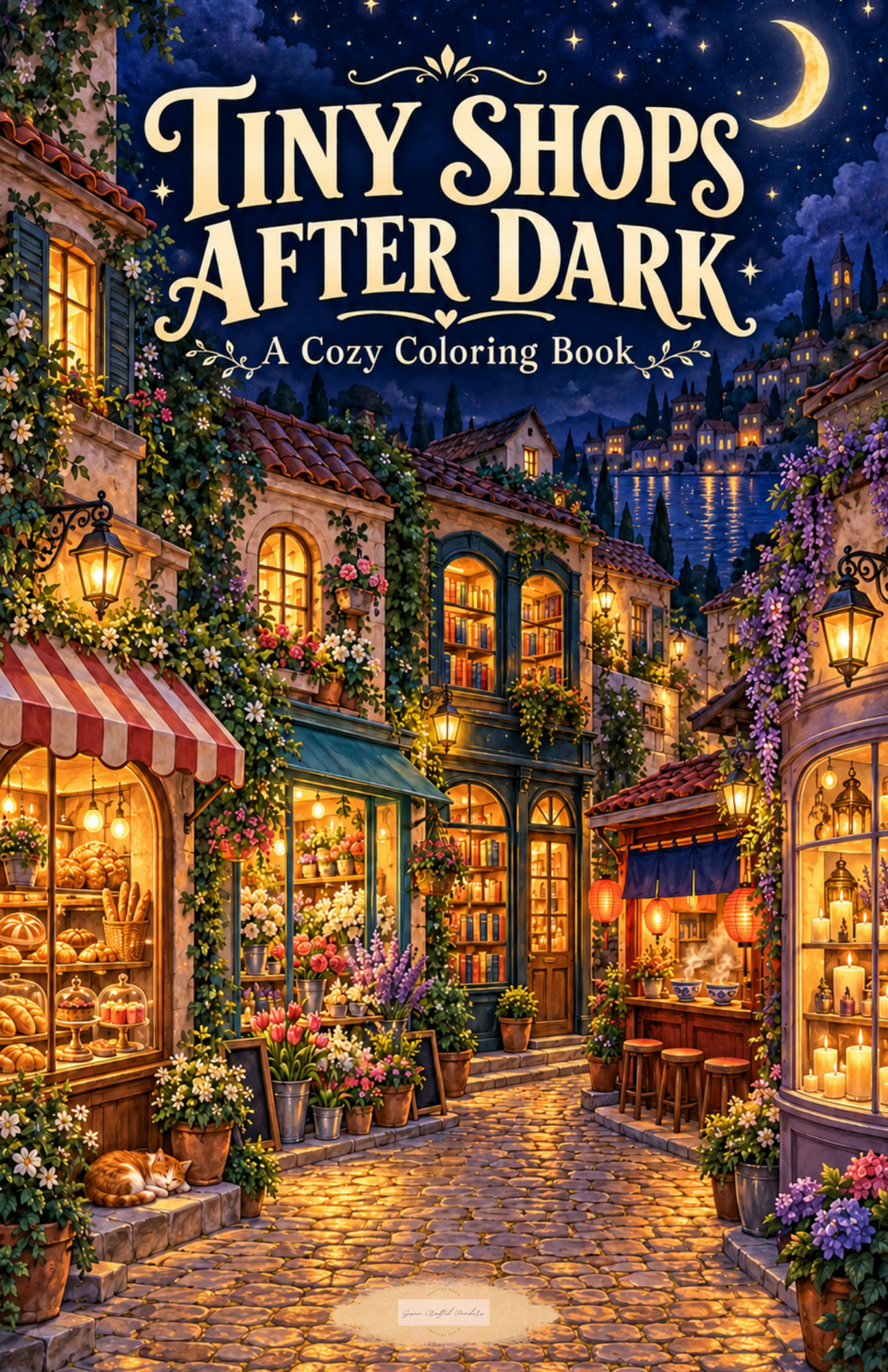 Tiny Shops After Dark printable coloring book featuring detailed miniature storefronts, moonlit shop scenes, and colorful illustrated covers.