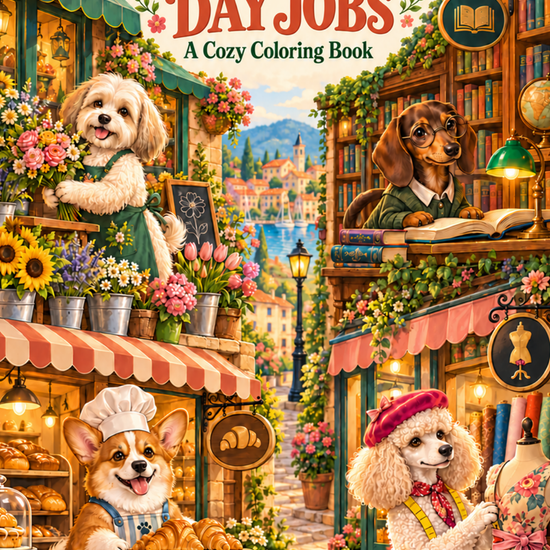 Dogs With Day Jobs printable coloring book featuring adorable dog breeds working as florists, bakers, artists, and more in cozy illustrated settings.