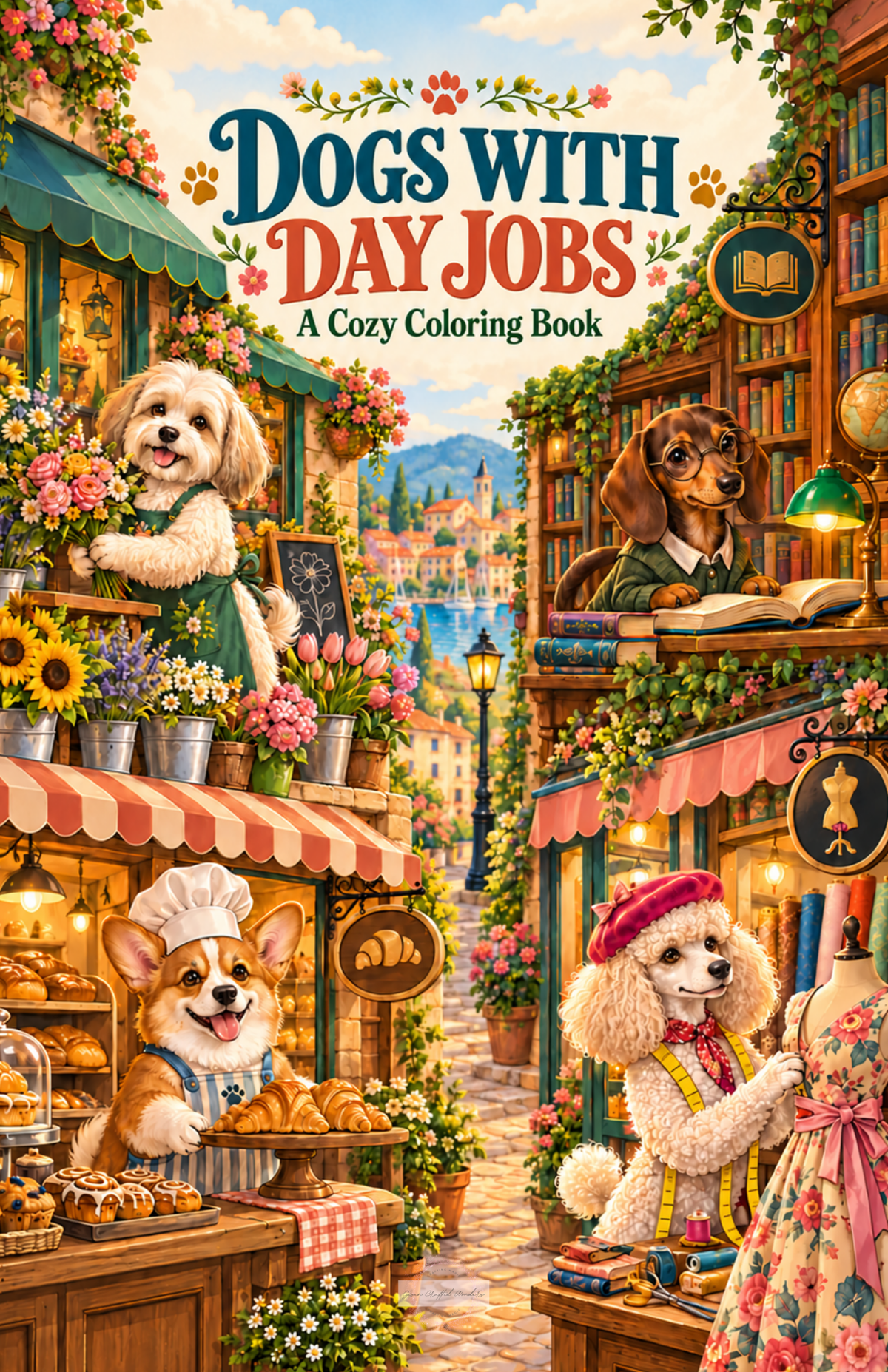 Dogs With Day Jobs printable coloring book featuring adorable dog breeds working as florists, bakers, artists, and more in cozy illustrated settings.