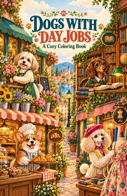 Dogs With Day Jobs printable coloring book featuring adorable dog breeds working as florists, bakers, artists, and more in cozy illustrated settings.