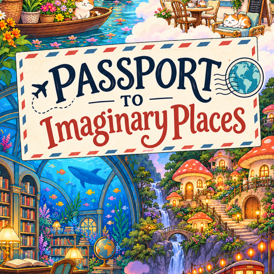 Passport to Imaginary Places printable coloring book displayed as a 5.5 × 8.5-inch booklet with whimsical fantasy coloring pages.