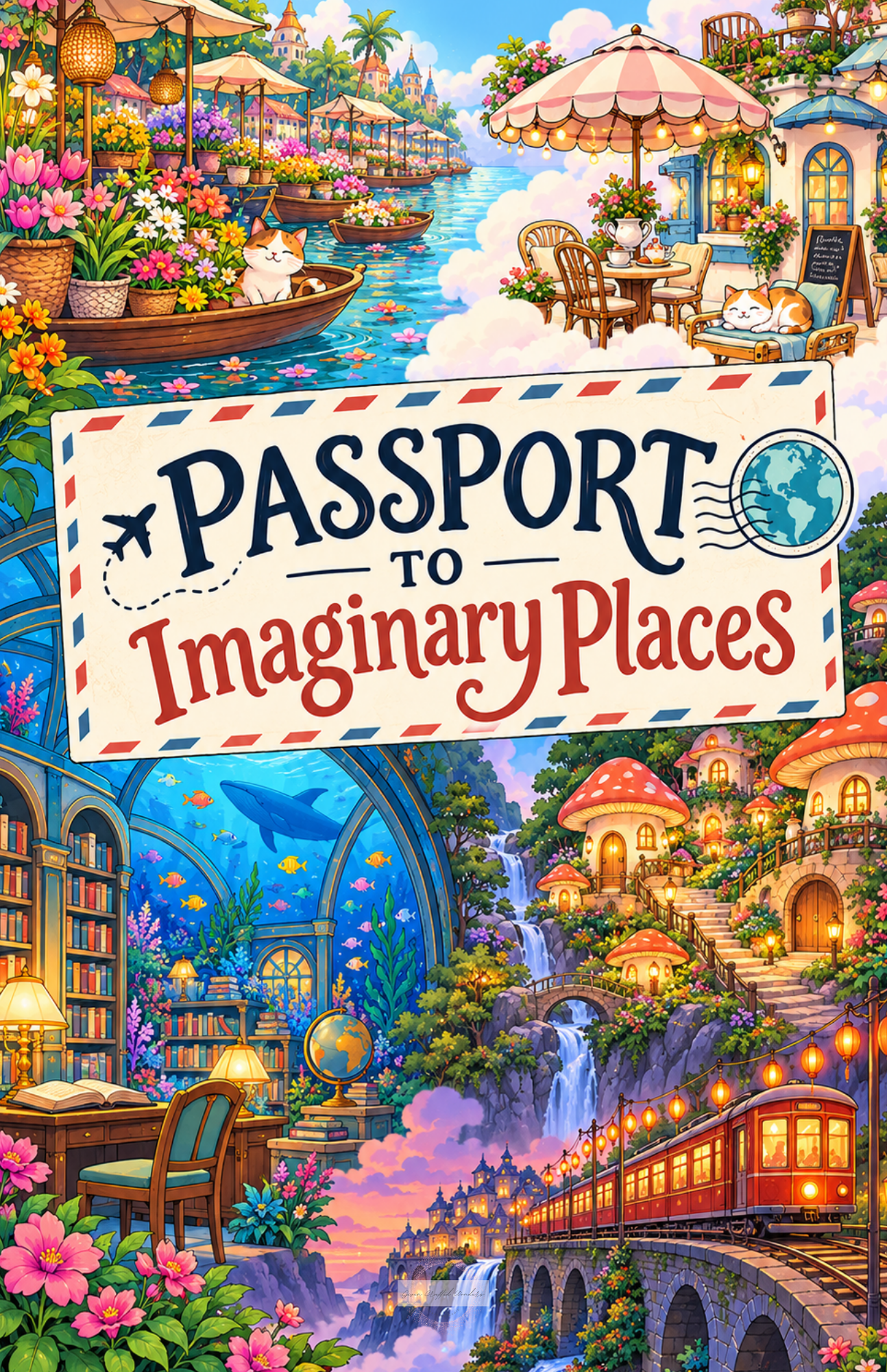 Passport to Imaginary Places printable coloring book displayed as a 5.5 × 8.5-inch booklet with whimsical fantasy coloring pages.