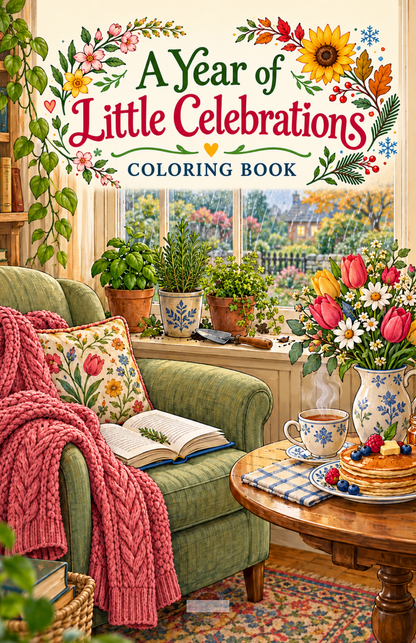 A Year of Little Celebrations printable coloring book featuring cozy everyday moments, seasonal flowers, reading nooks, baking scenes, and comforting rituals throughout the year.